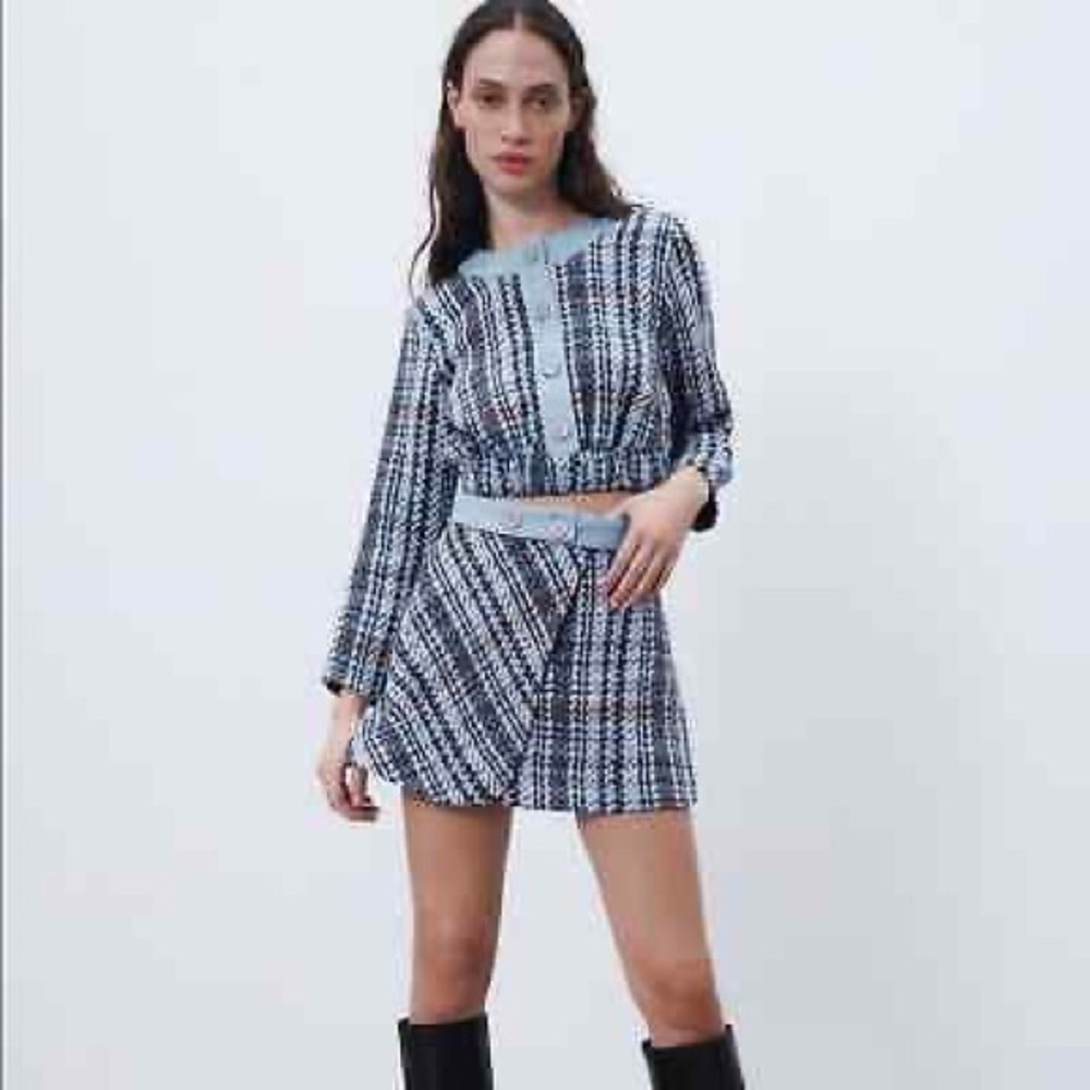Zara Blue Tweed Textured Crop Top & Mini Skirt With Contrast Denim Set
